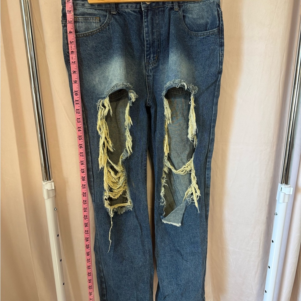 Distressed Blue Denim Ripped Straight Jeans